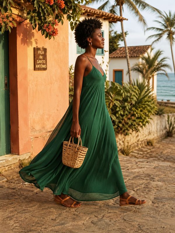 Vestido verde longo e fluido, sandália rasteirinha