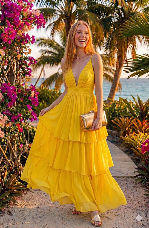 Vestido amarelo em camadas, sandália dourada