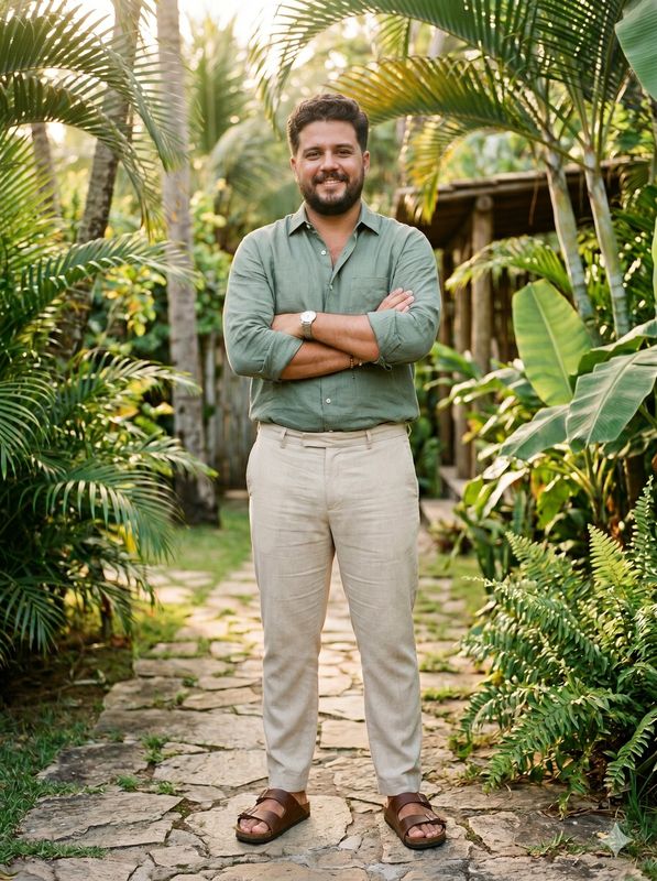 Camisa de linho verde e calça cru, sandália