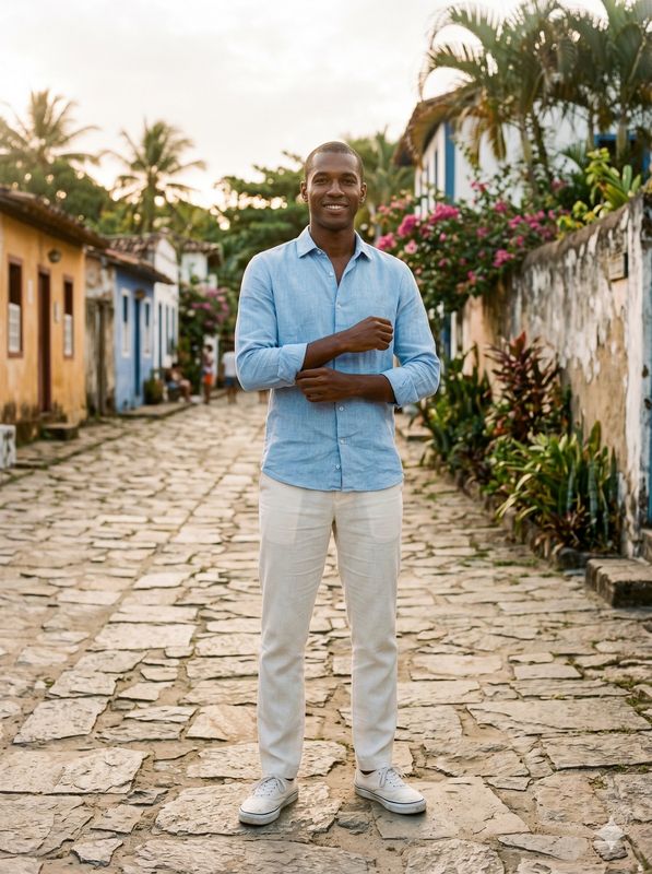 Camisa de linho azul claro e calça cru, tênis branco