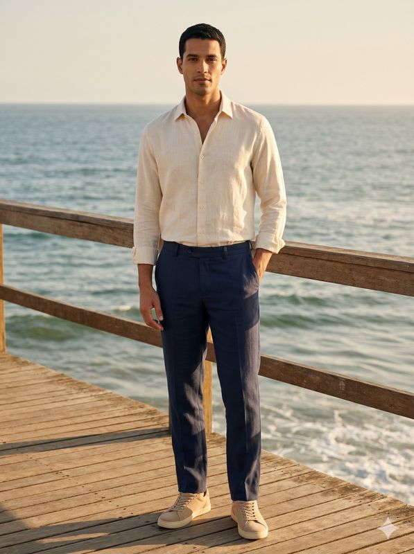Camisa de linho cru e calça marinho, tênis cru