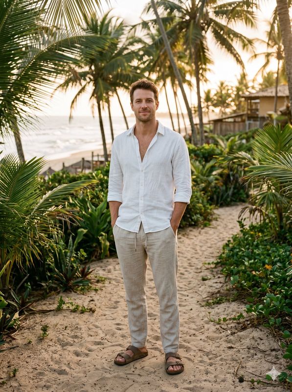 Camisa de linho branca e calça cru, sandália